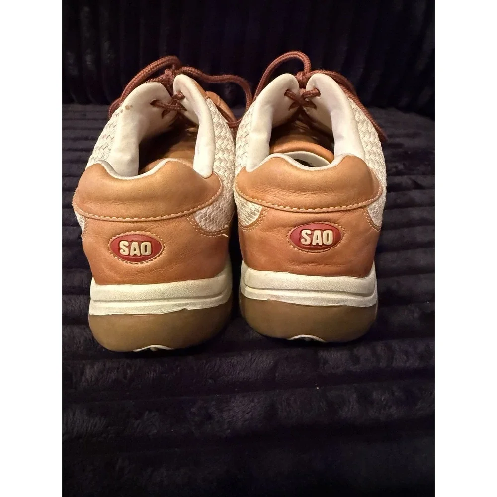 SAO Mens Size 12M Comfort Shoes Brown Beige Leather Sneakers Herringbone Pattern